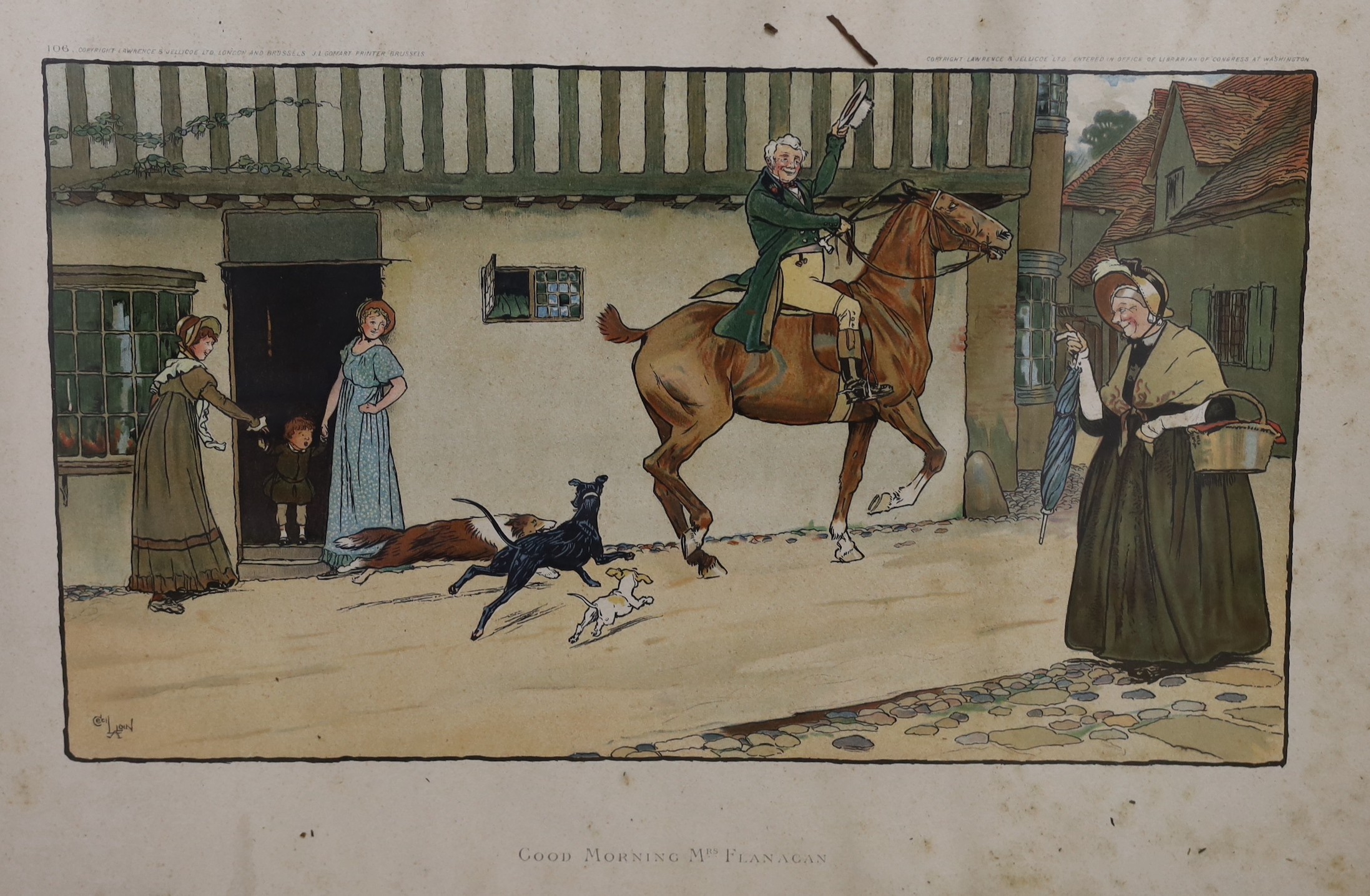 Cecil Aldin (1870-1935), pair of colour prints, 'Good Morning Mrs Flanagan' and 'Good Morning Squire Brown', overall 33 x 47cm and a photo-lithograph, 'A Hunting Morning', after George Wright, overall 50 x 82cm, all mapl